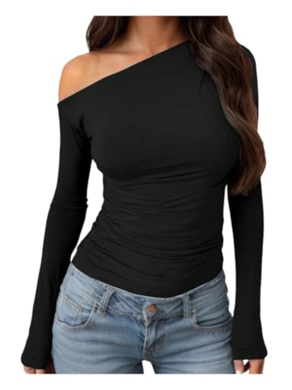 Off Shoulder Ruched Asymmetrical Long Sleeve Crop Top